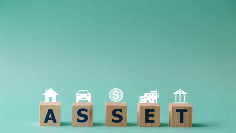 Wooden cubes with assets icon on background, Asset management and financial accounting, House and property investment and asset management, Interest rates, Loan mortgage